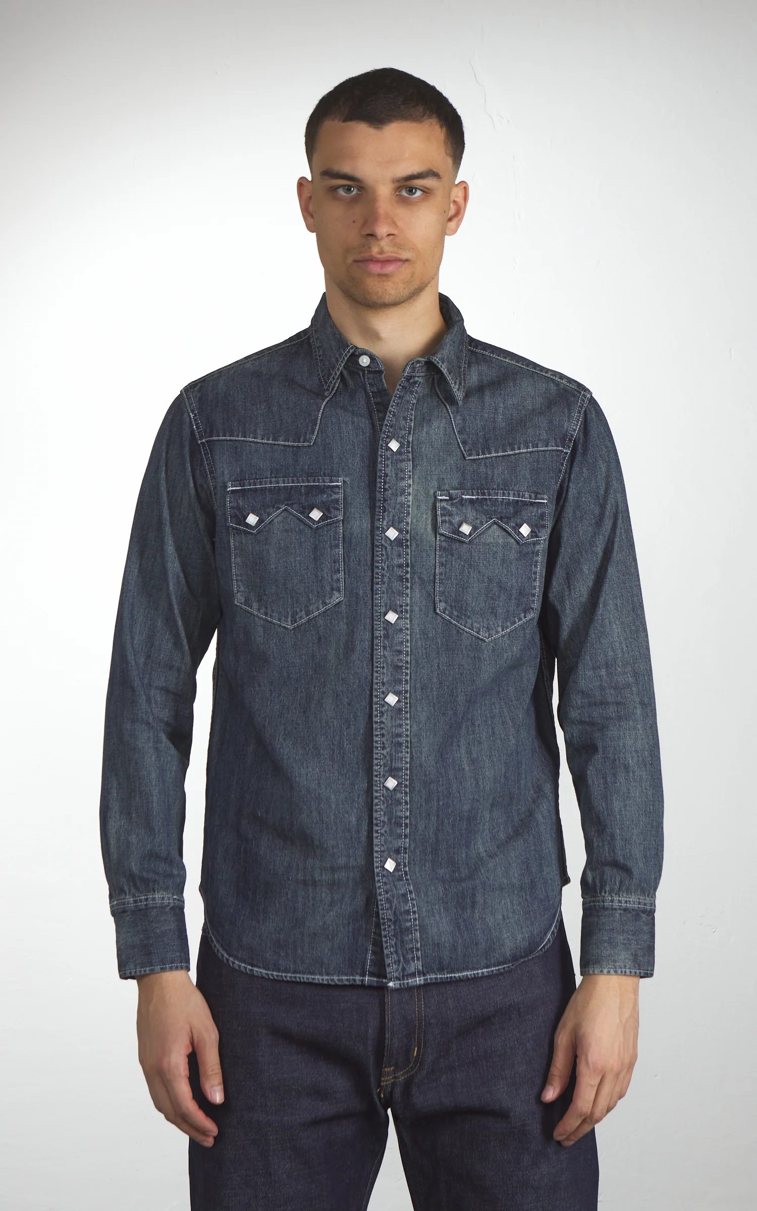 Houston Slub Denim Western Shirt Indigo Vintage Wash - Image 2