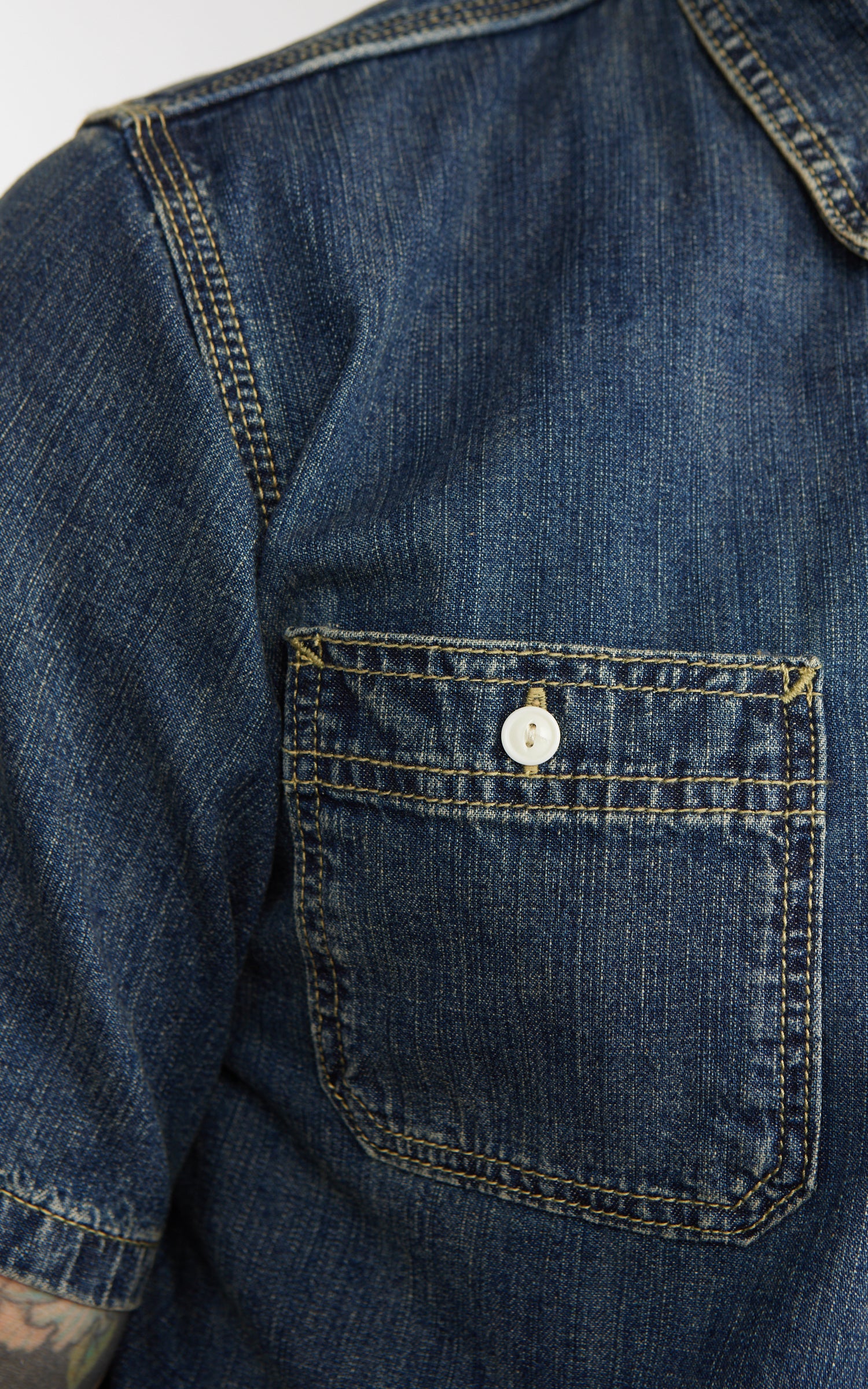 Houston U.S. Cotton Denim S/S Work Shirt Indigo Vintage Wash - Image 4