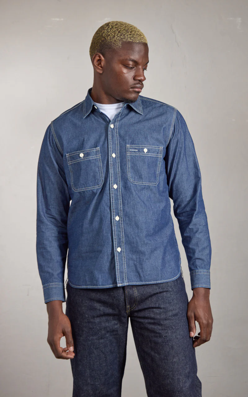 U.S. Cotton Chambray Work Shirt Vintage Wash Indigo - Image 2