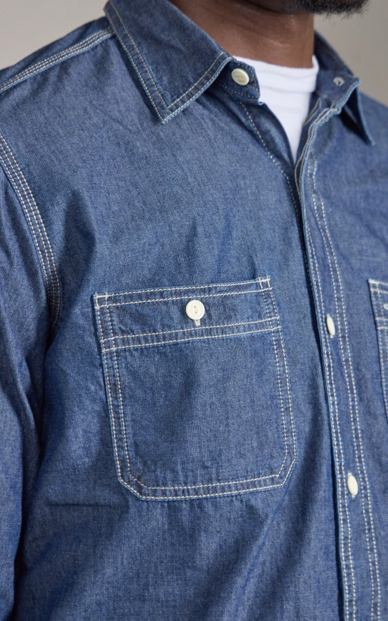 U.S. Cotton Chambray Work Shirt Vintage Wash Indigo - Image 4