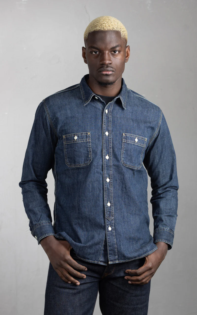 Houston U.S. Cotton Denim Work Shirt Vintage Wash Indigo - Image 2