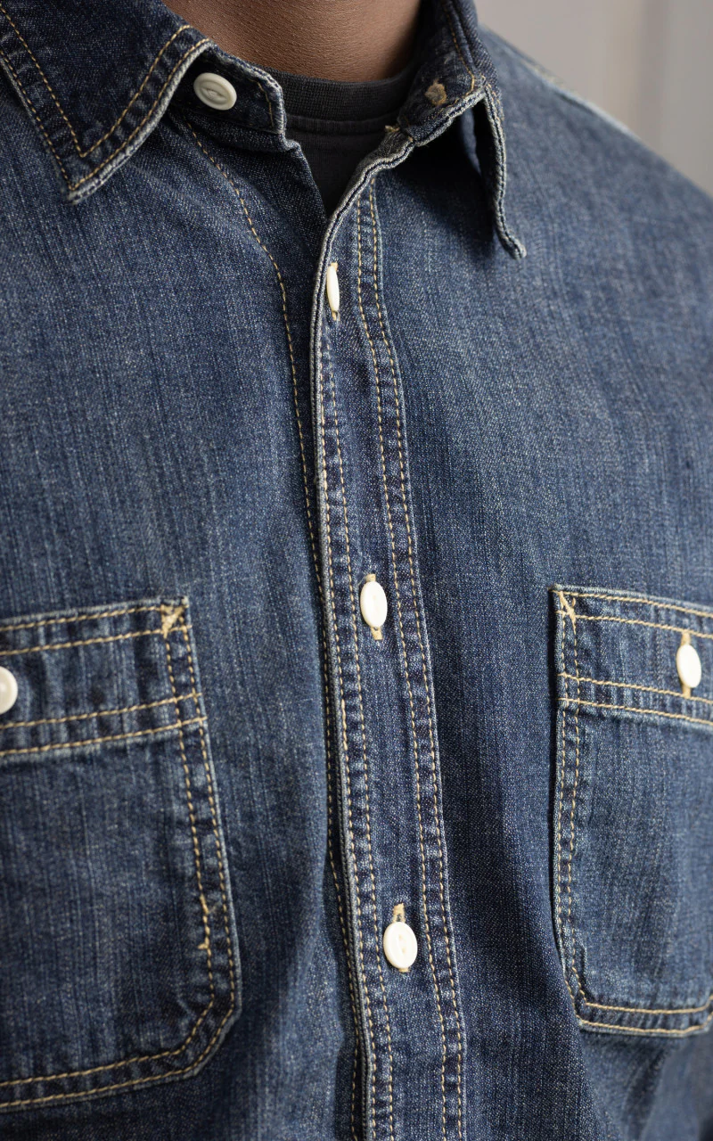 Houston U.S. Cotton Denim Work Shirt Vintage Wash Indigo - Image 4