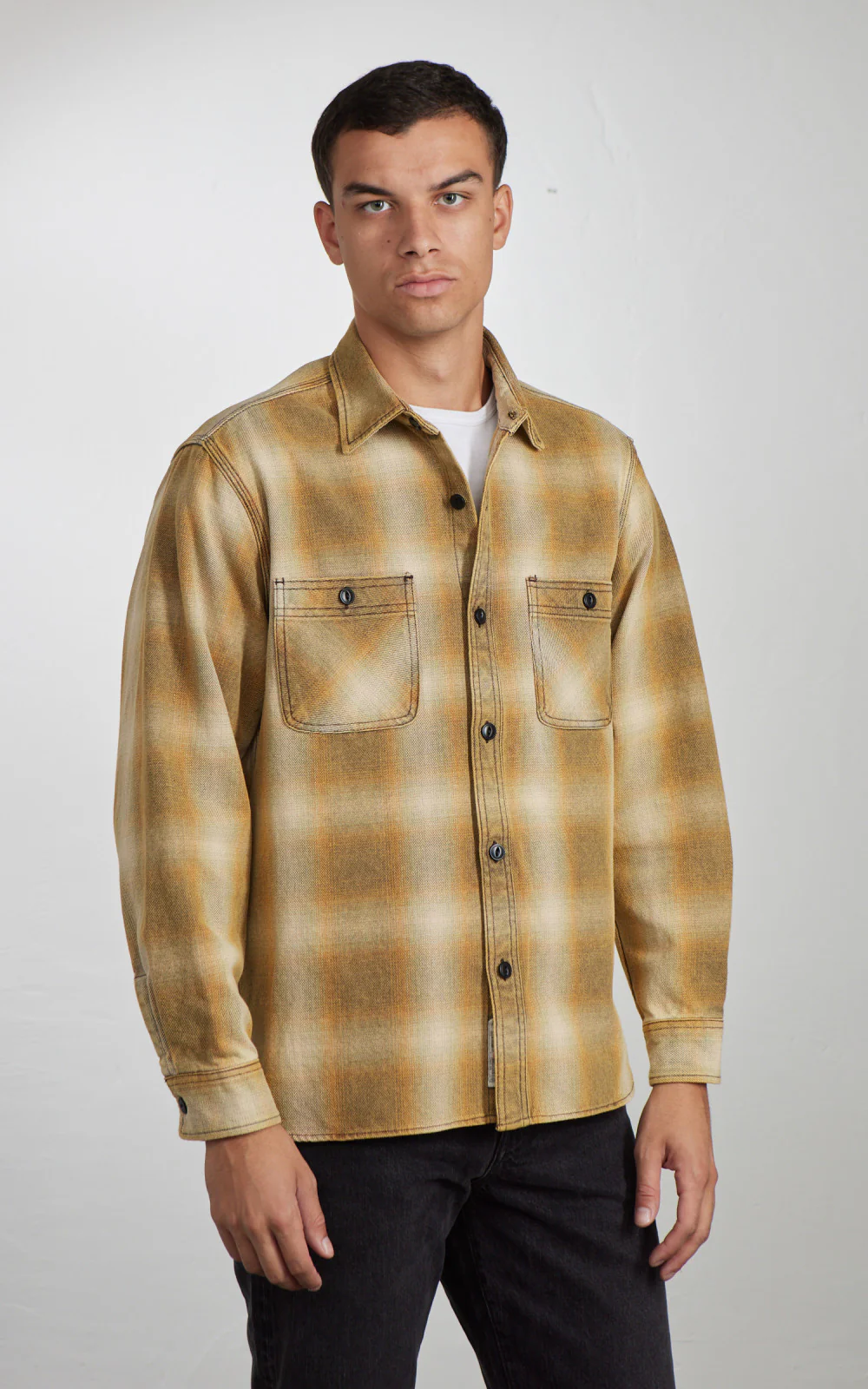 Houston Vintage Ombre Check Viyella Shirt Khaki - Image 2