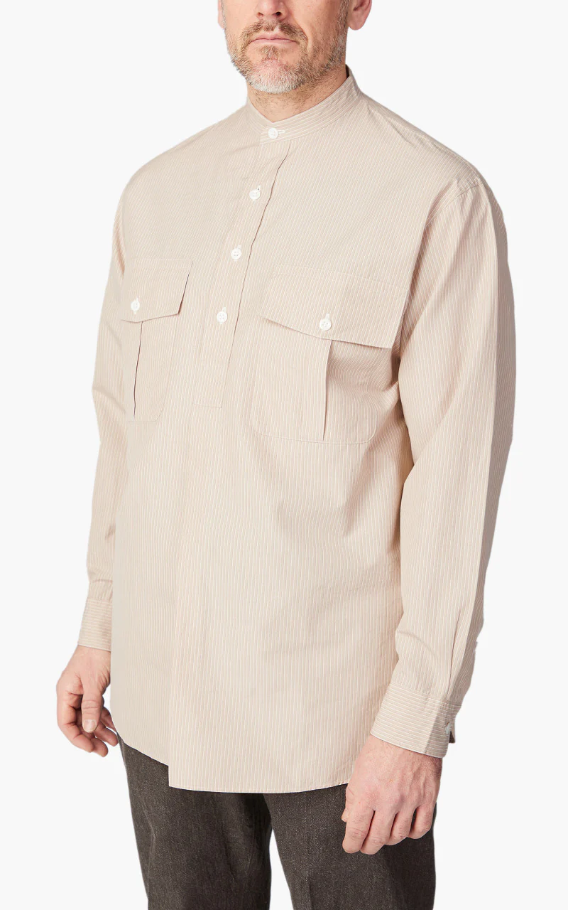 Kaptain Sunshine Cotton Pullover Standcollar Shirt Sand Stripe - Image 4