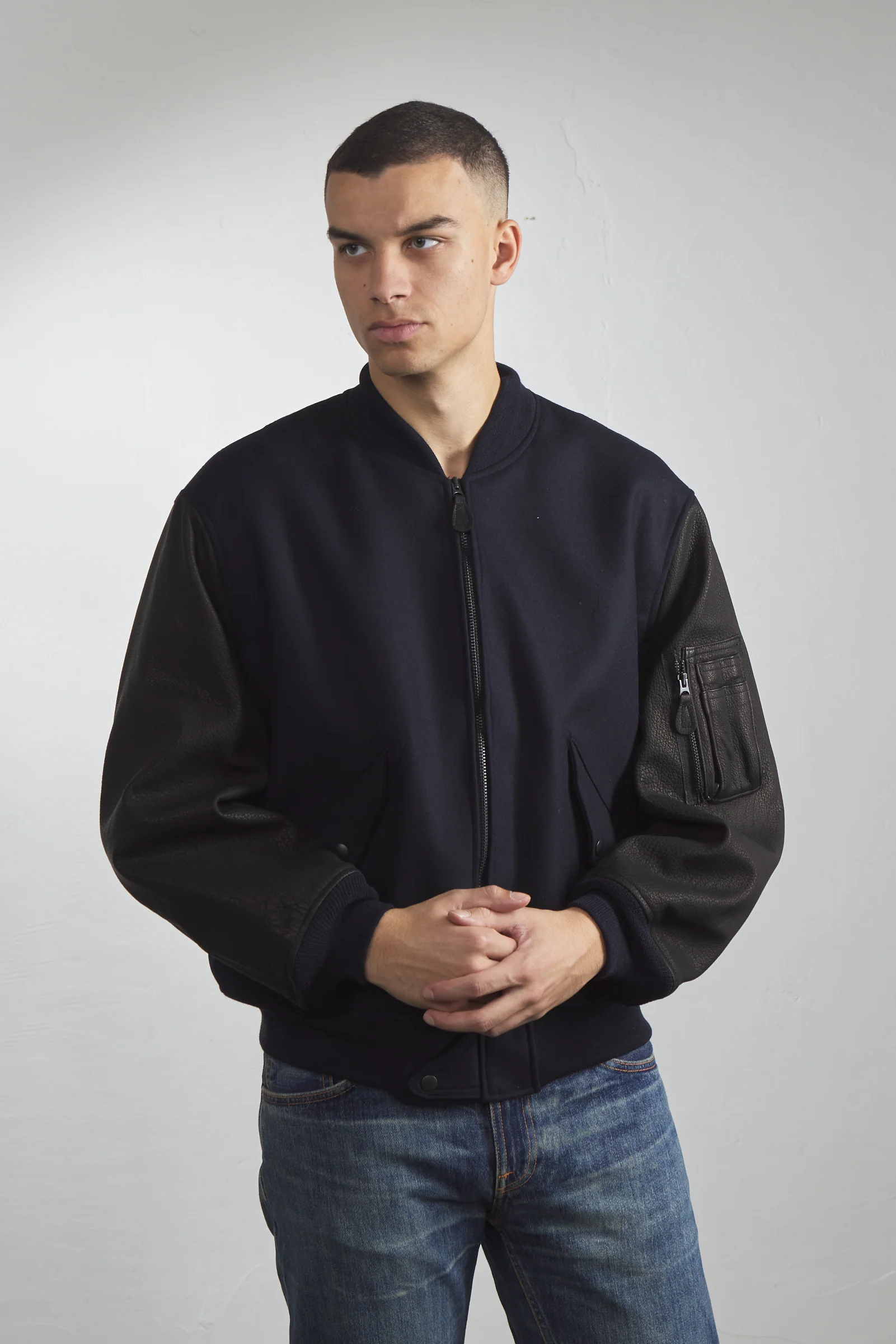 Kaptain Sunshine Melton Wool Bomber Jacket Navy - Image 4