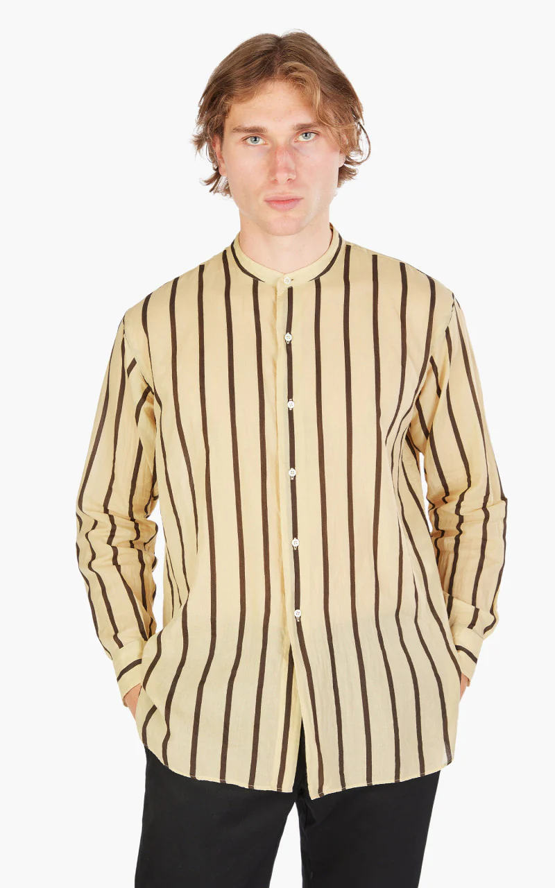 Kaptain Sunshine Stand Collar Shirt Beige Stripe - Image 4