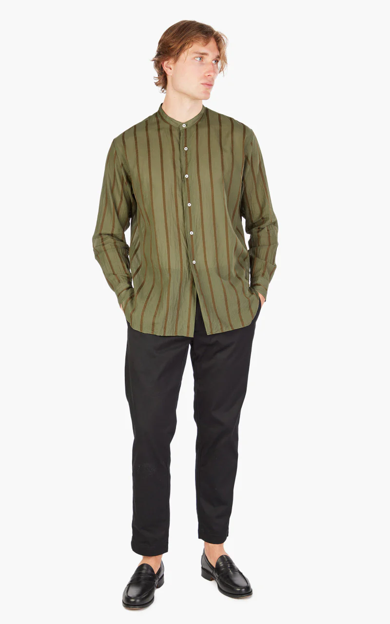 Kaptain Sunshine Stand Collar Shirt Olive Stripe - Image 2