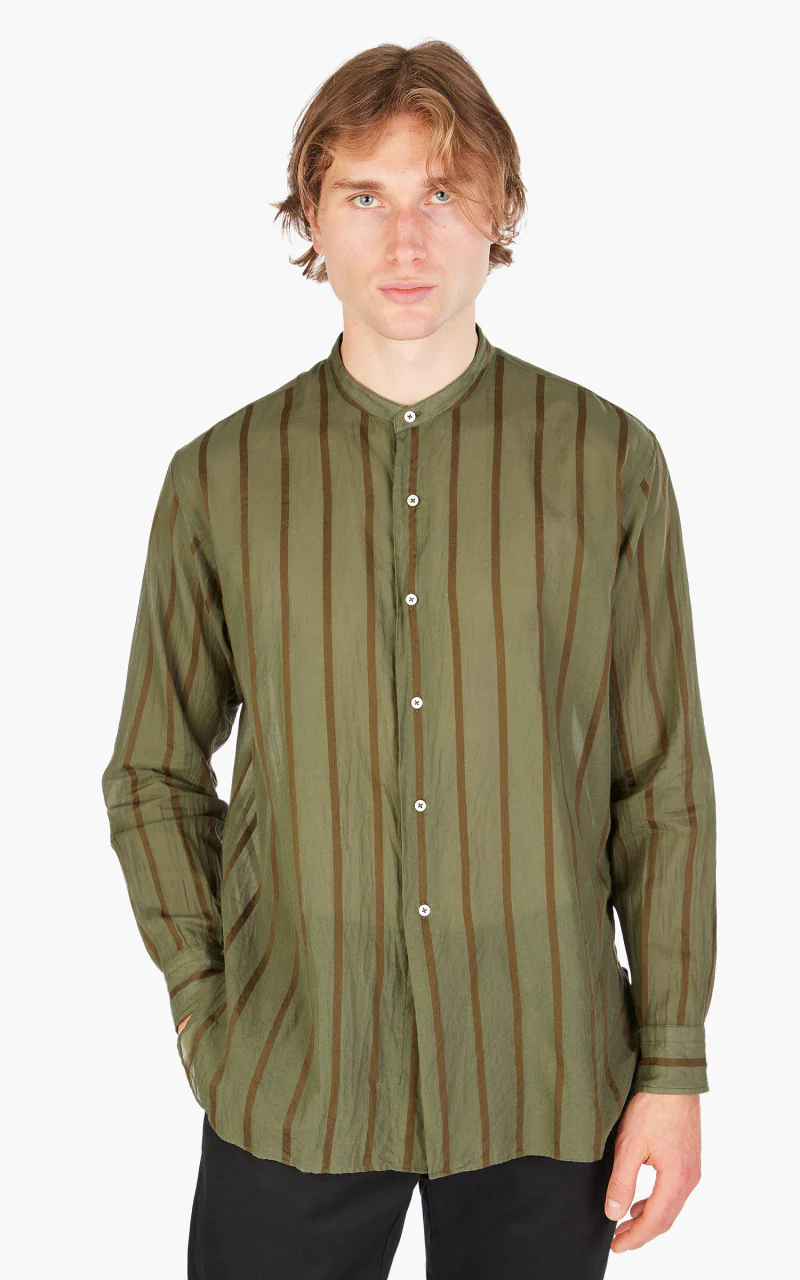 Kaptain Sunshine Stand Collar Shirt Olive Stripe - Image 4