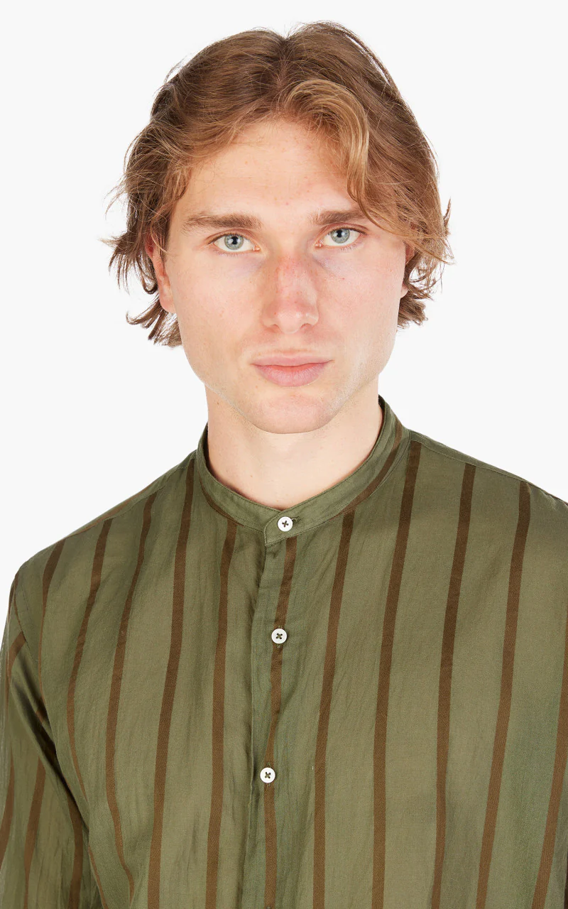Kaptain Sunshine Stand Collar Shirt Olive Stripe - Image 5