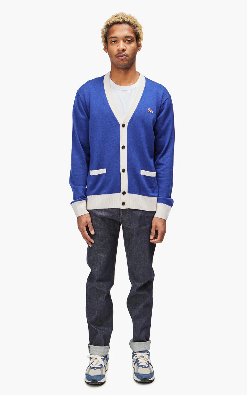 Maison Kitsuné Baby Fox Patch Bi-Color Classic Cardigan Deep Blue - Image 2