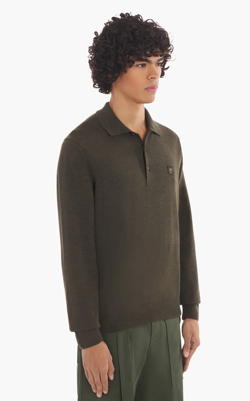 Maison Kitsuné Bold Fox Head Patch Polo Jumper Khaki - Image 4