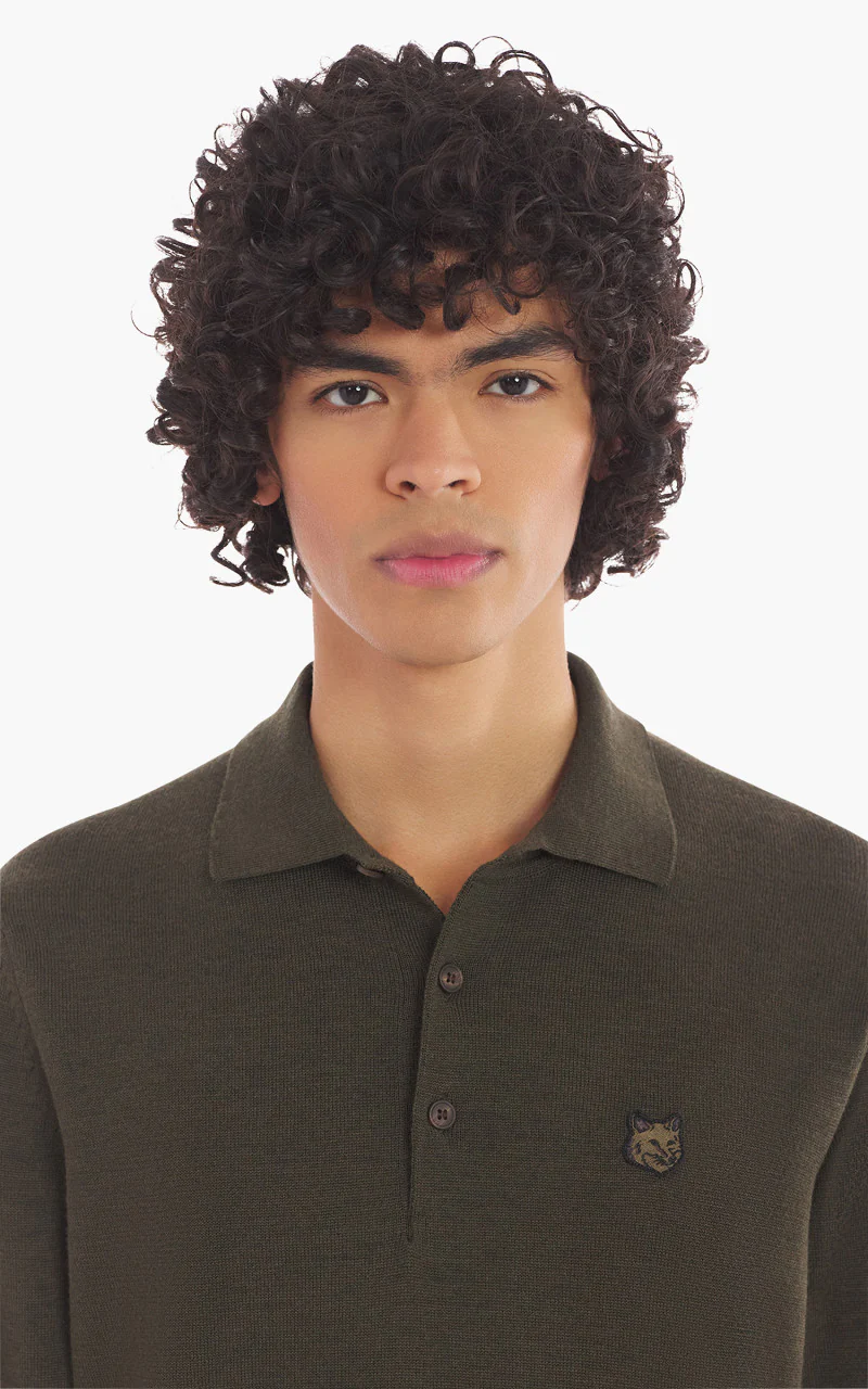 Maison Kitsuné Bold Fox Head Patch Polo Jumper Khaki - Image 5