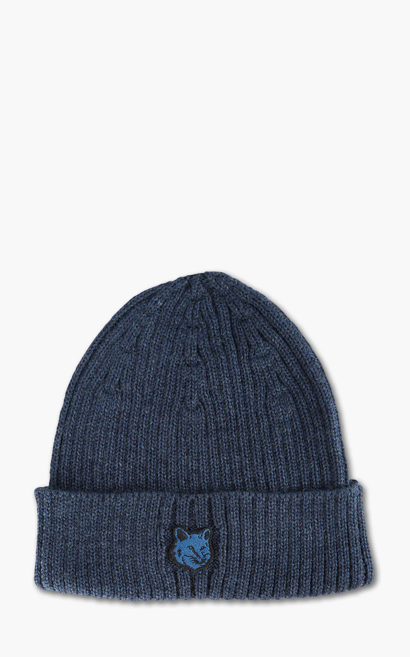 Maison Kitsuné Bold Fox Head Patch Ribbed Beanie Ink Blue