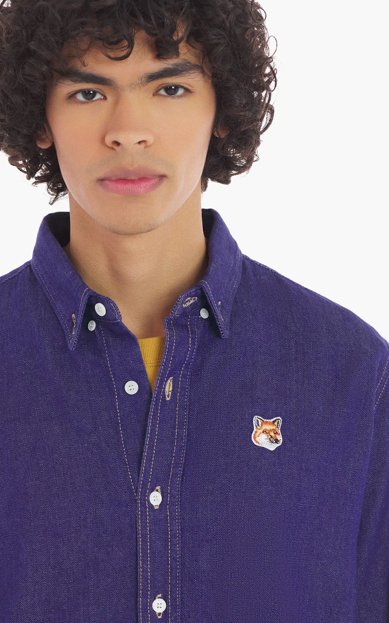 Maison Kitsuné Button Down Casual Shirt Fox Head Patch Indigo - Image 4