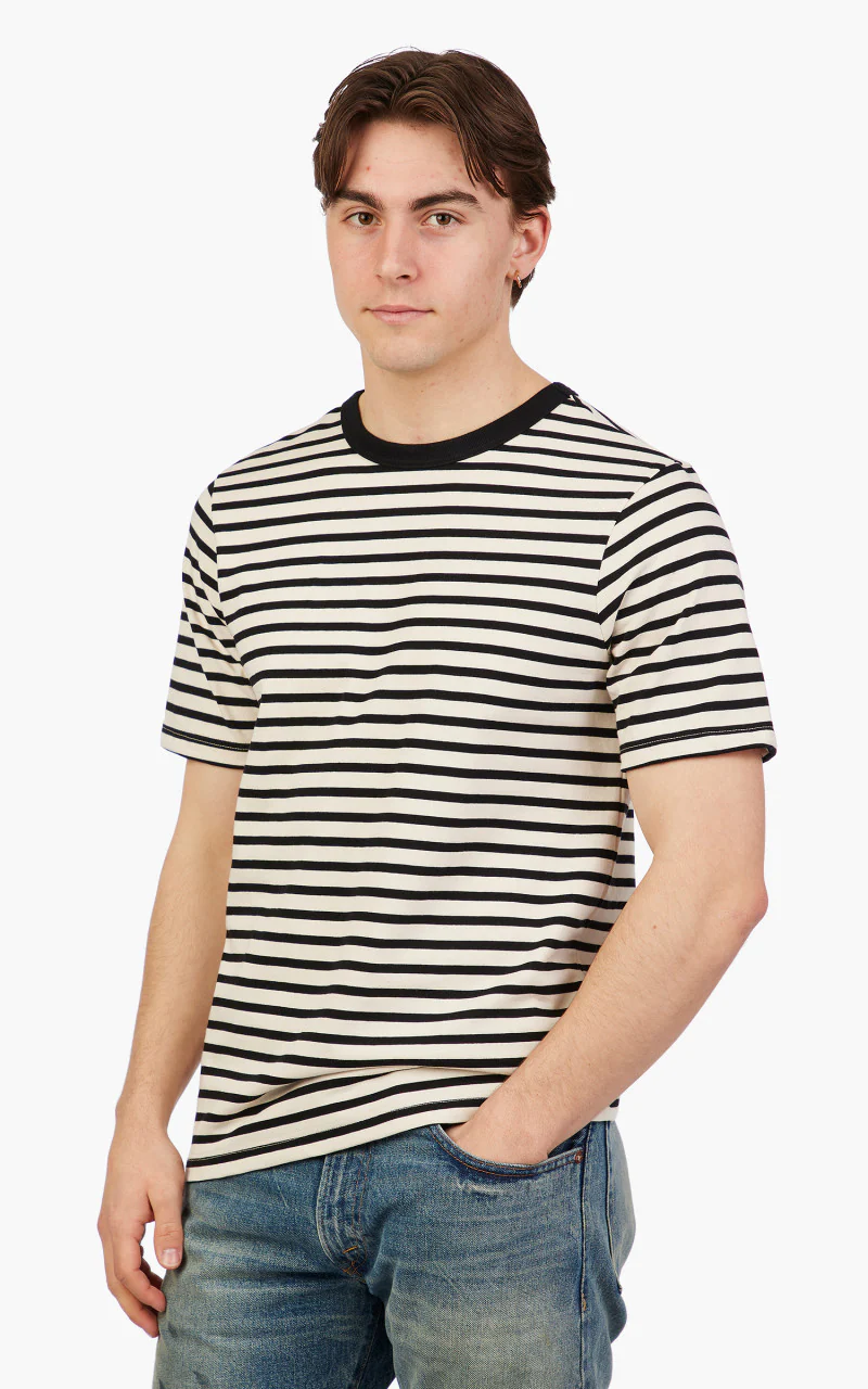 Merz b. Schwanen 2M14 Striped Crew Neck Tee Charcoal/Nature - Image 4