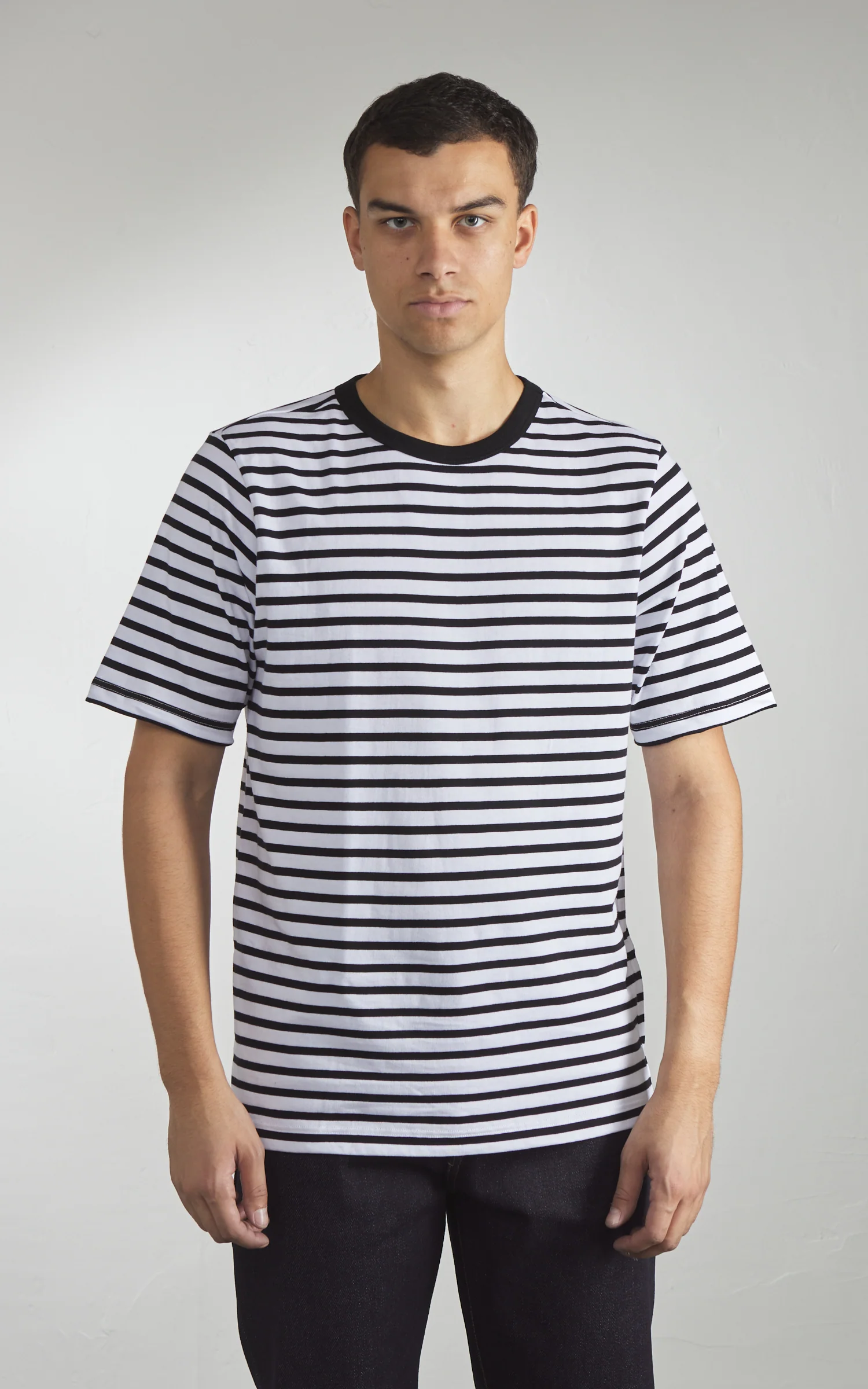 Merz b. Schwanen 2M14 Striped Crew Neck Tee Black/White - Image 2