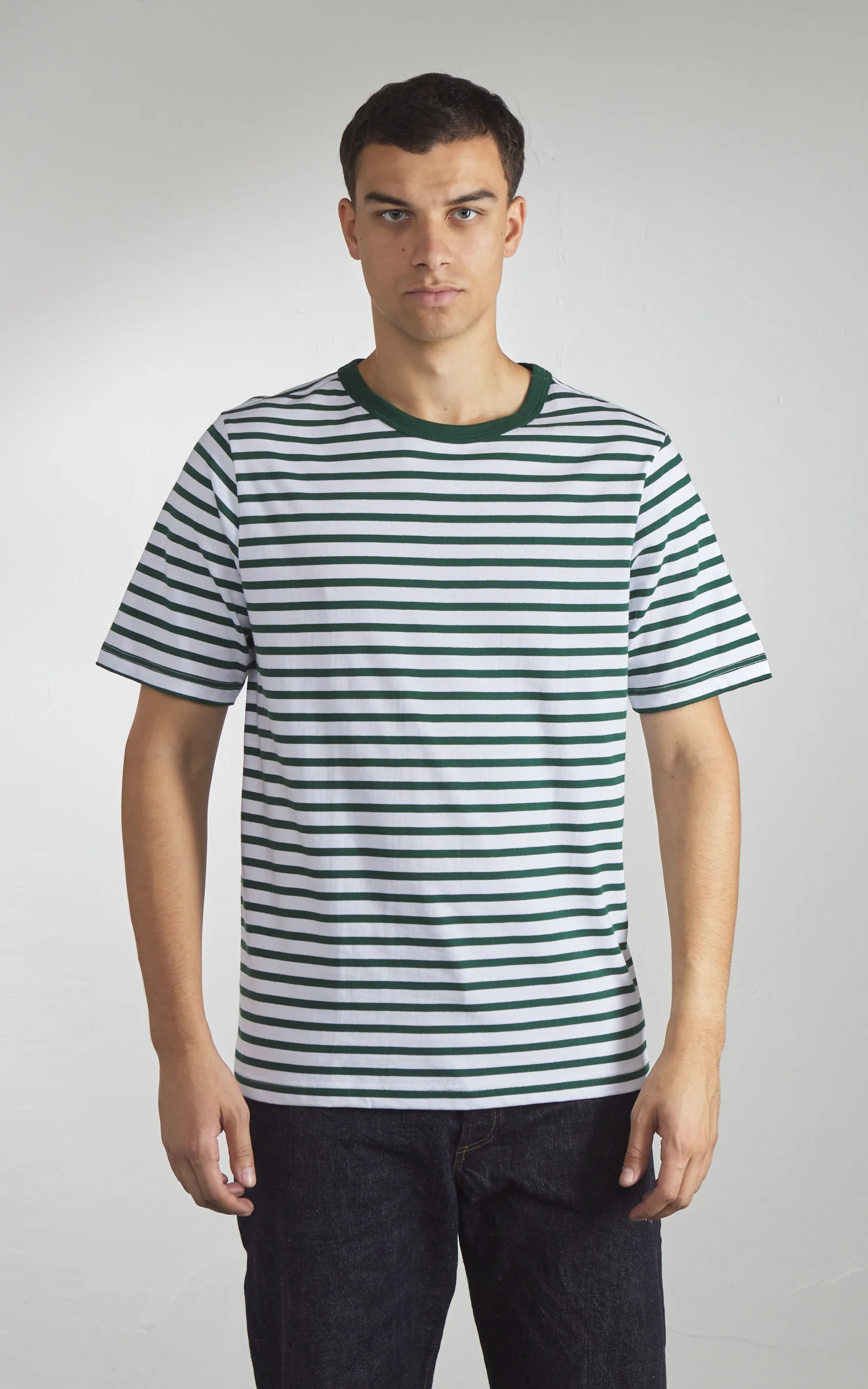 Merz b. Schwanen 2M14 Striped Crew Neck Tee Green/White - Image 2