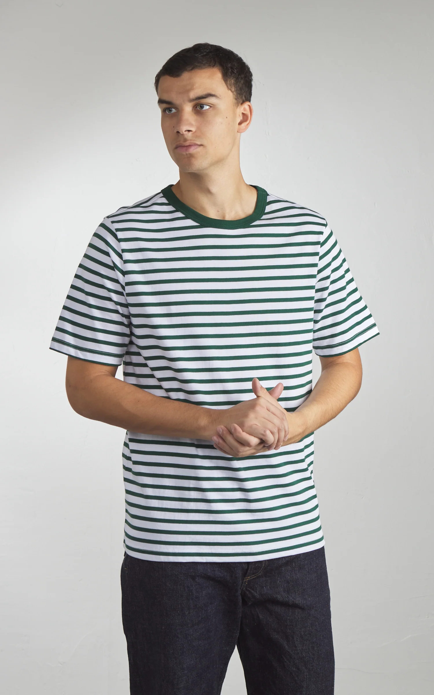 Merz b. Schwanen 2M14 Striped Crew Neck Tee Green/White - Image 5