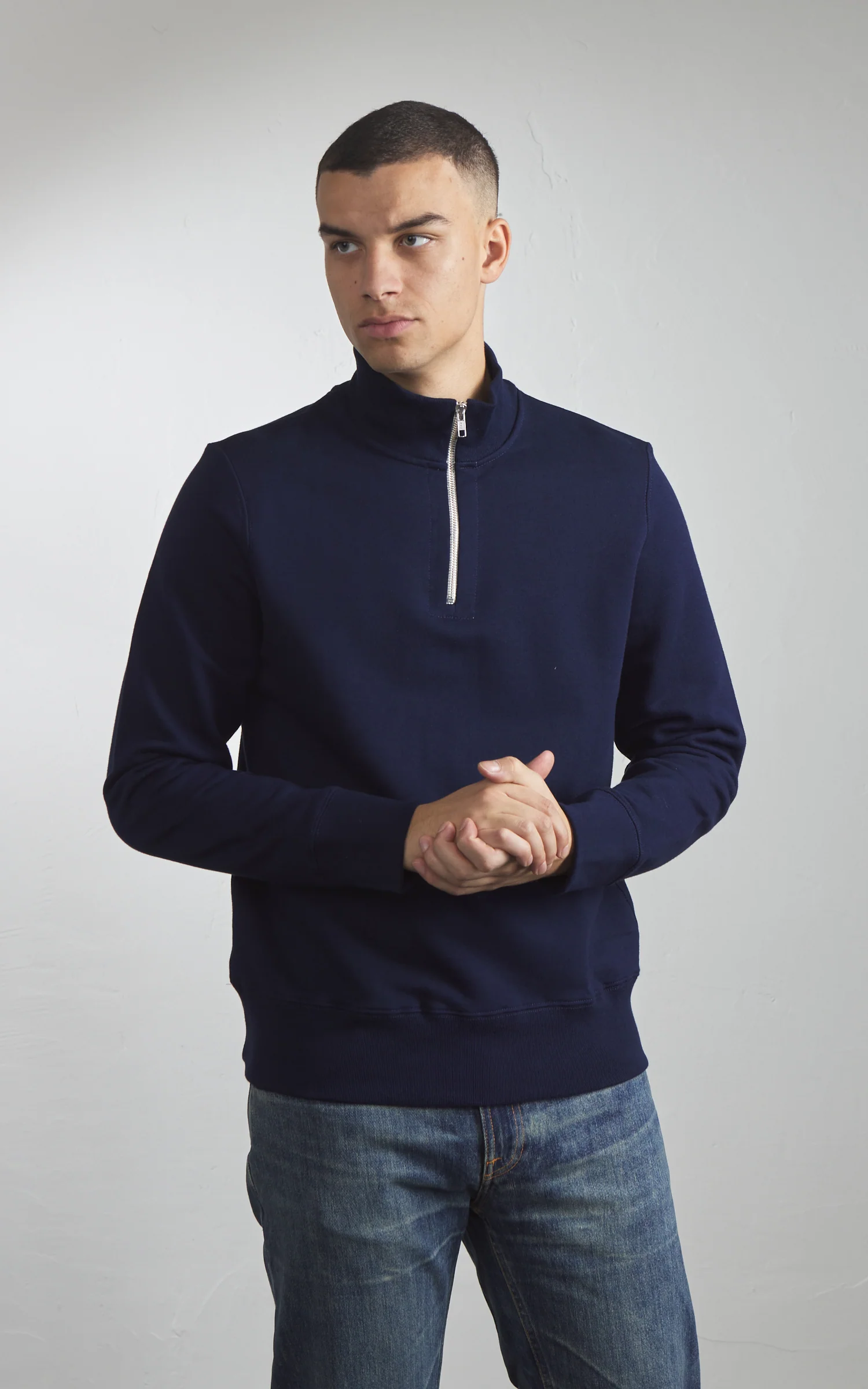 Merz b. Schwanen 343Z Sweatshirt Half Zip Mock Neck Ink Blue - Image 6