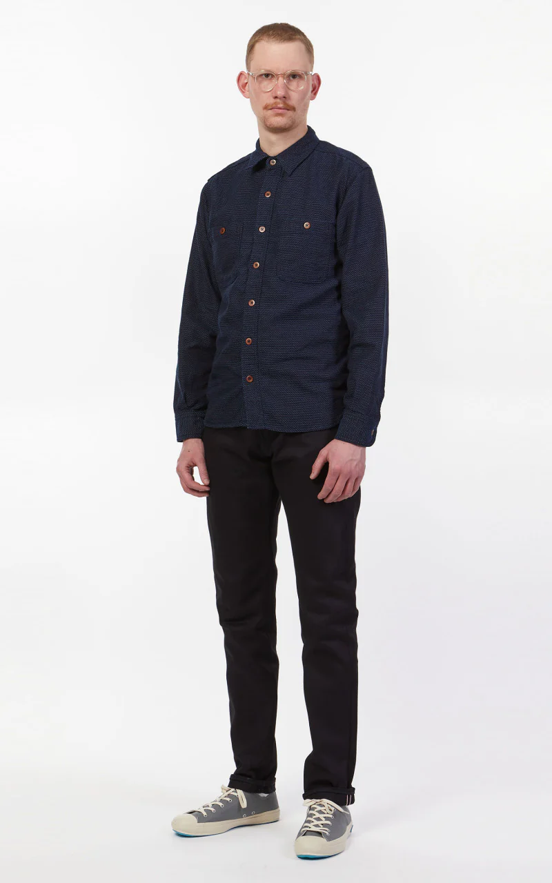 Momotaro Jeans 05-328 Sashiko-Ish Jacquard Shirt Indigo - Image 3