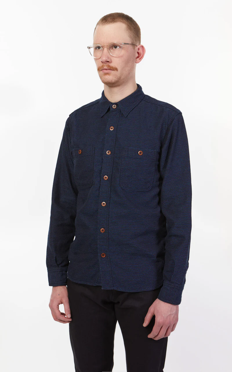 Momotaro Jeans 05-328 Sashiko-Ish Jacquard Shirt Indigo - Image 4