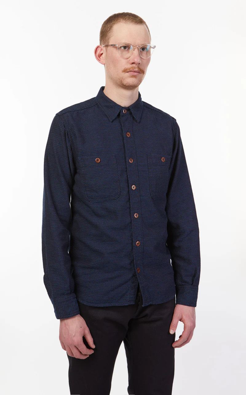 Momotaro Jeans 05-328 Sashiko-Ish Jacquard Shirt Indigo - Image 5