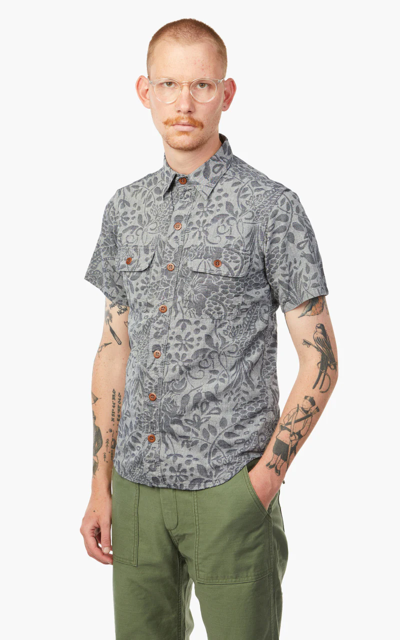 Momotaro Jeans 06-113 Flower Jacquard Shirt Indigo - Image 3