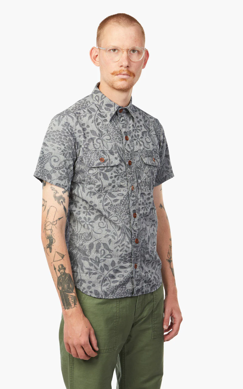 Momotaro Jeans 06-113 Flower Jacquard Shirt Indigo - Image 4