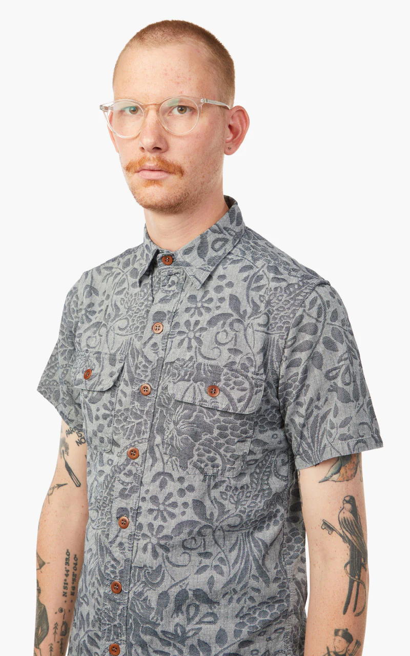 Momotaro Jeans 06-113 Flower Jacquard Shirt Indigo - Image 6