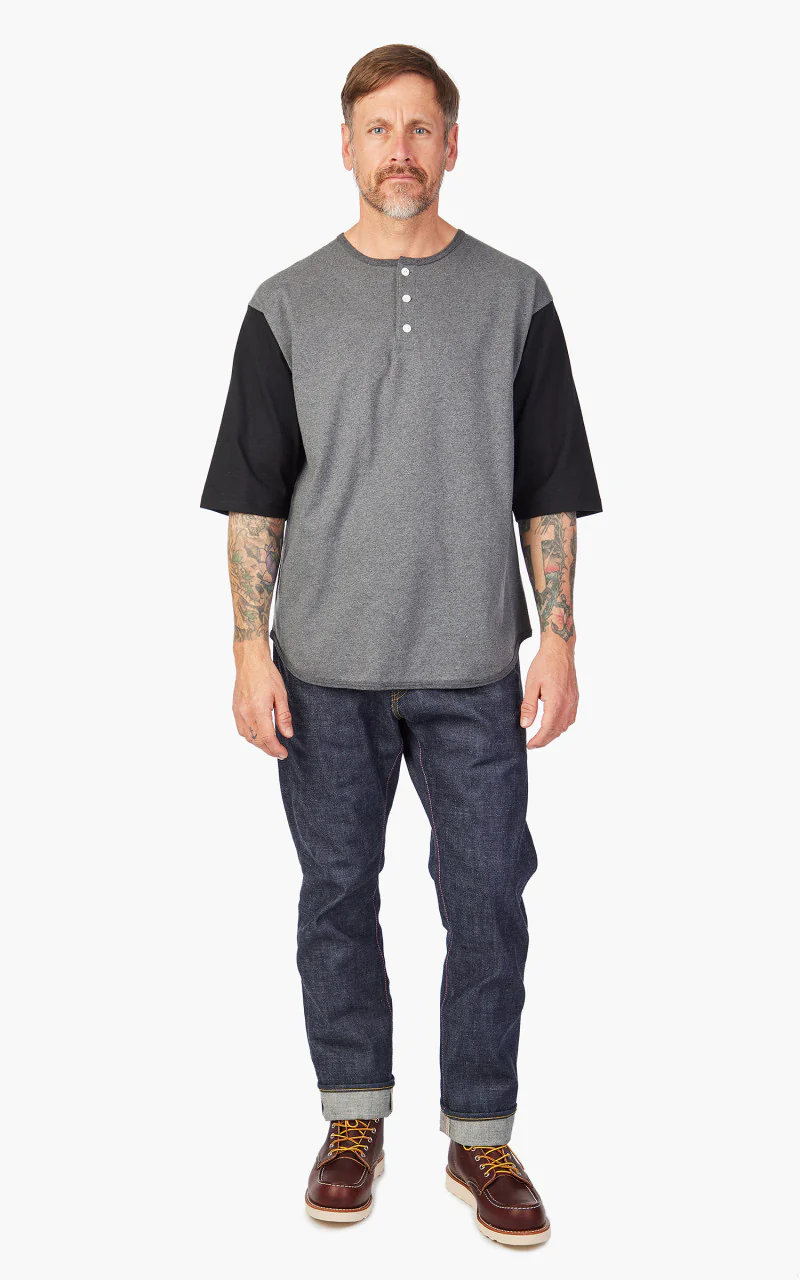 Momotaro Jeans Henley Baseball T-Shirt Grey/Black - Image 2