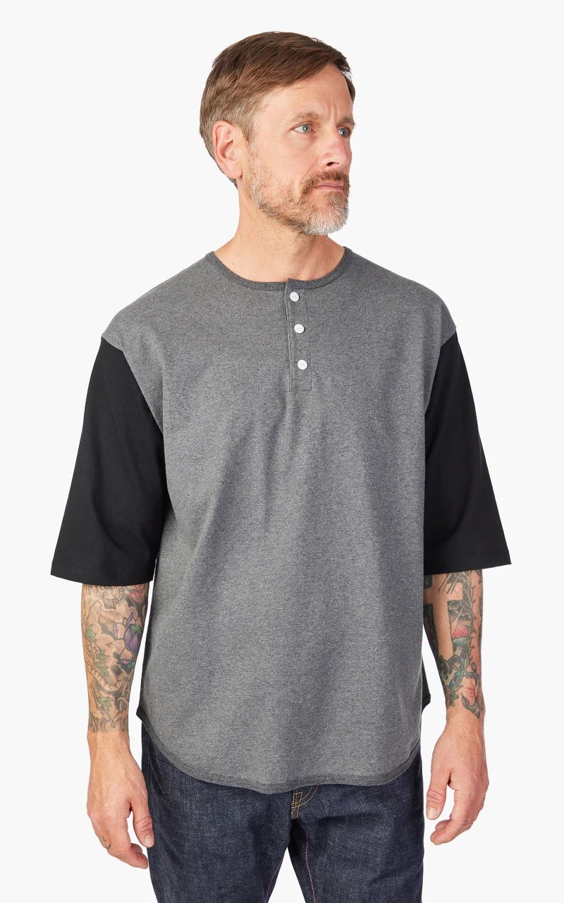 Momotaro Jeans Henley Baseball T-Shirt Grey/Black - Image 4