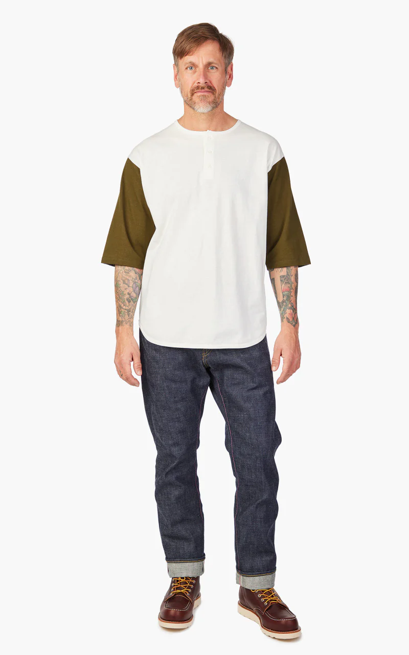 Momotaro Jeans Henley Baseball T-Shirt White/Olive - Image 2