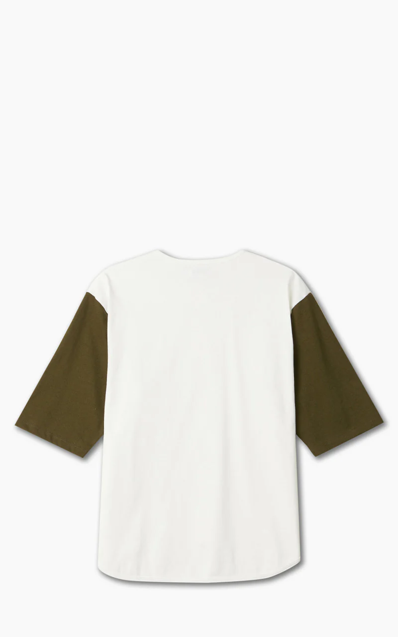 Momotaro Jeans Henley Baseball T-Shirt White/Olive - Image 3