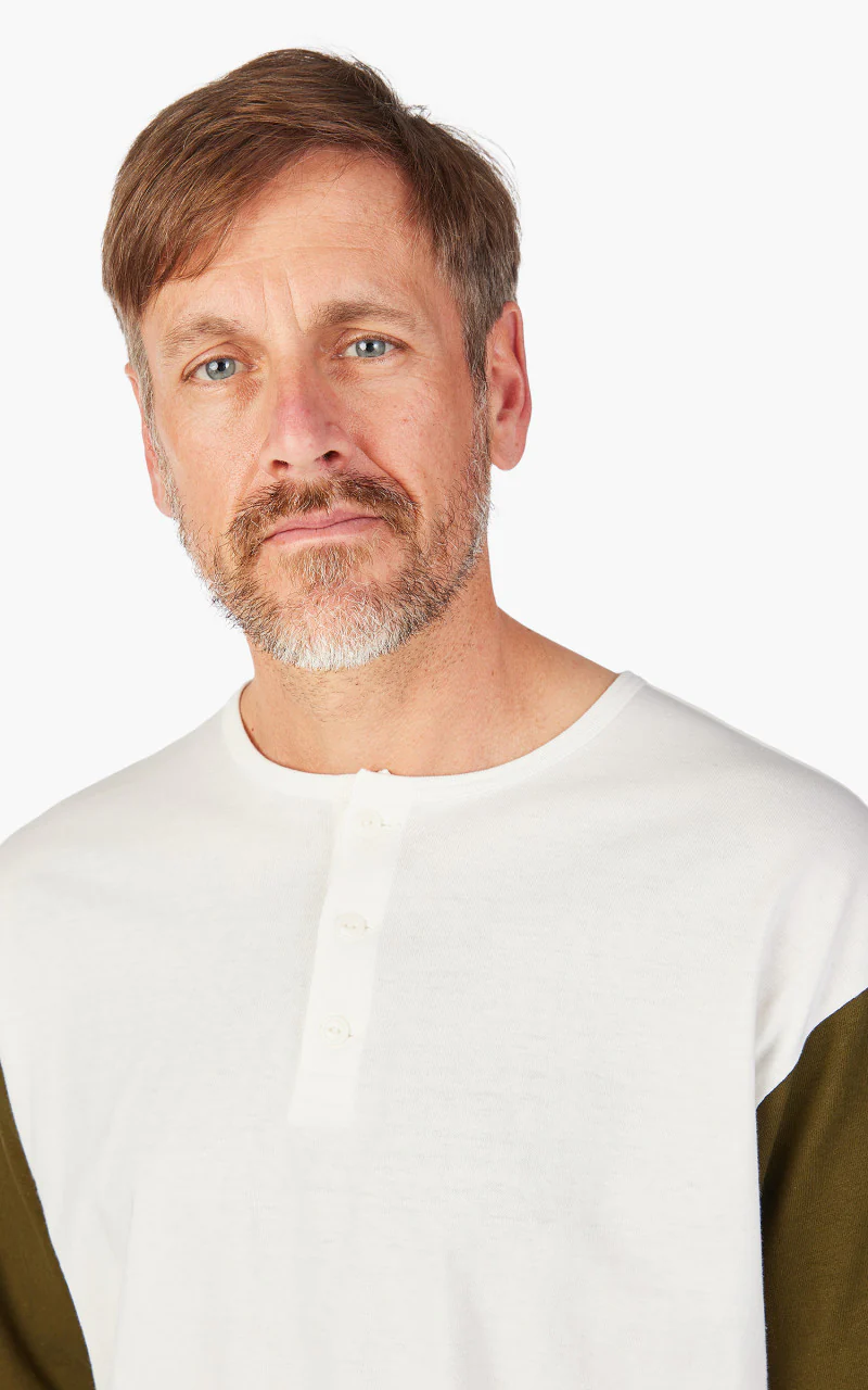 Momotaro Jeans Henley Baseball T-Shirt White/Olive - Image 5