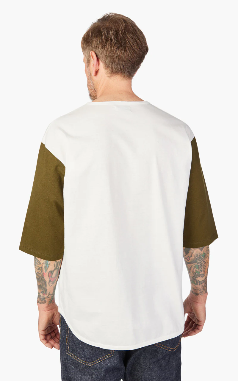 Momotaro Jeans Henley Baseball T-Shirt White/Olive - Image 6