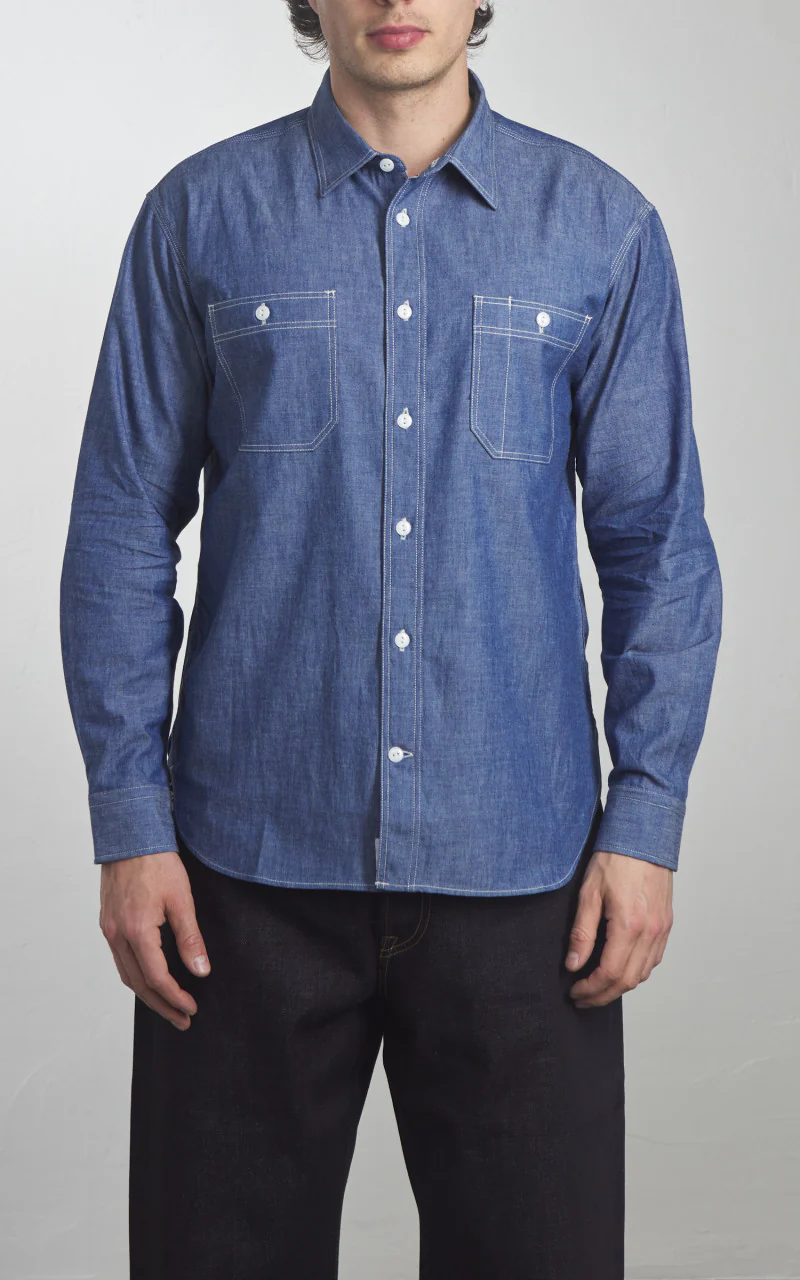 MOMOTARO JEANS MALS1001 Triple Stitch L/S Chambray Shirt Indigo 5oz - Image 3