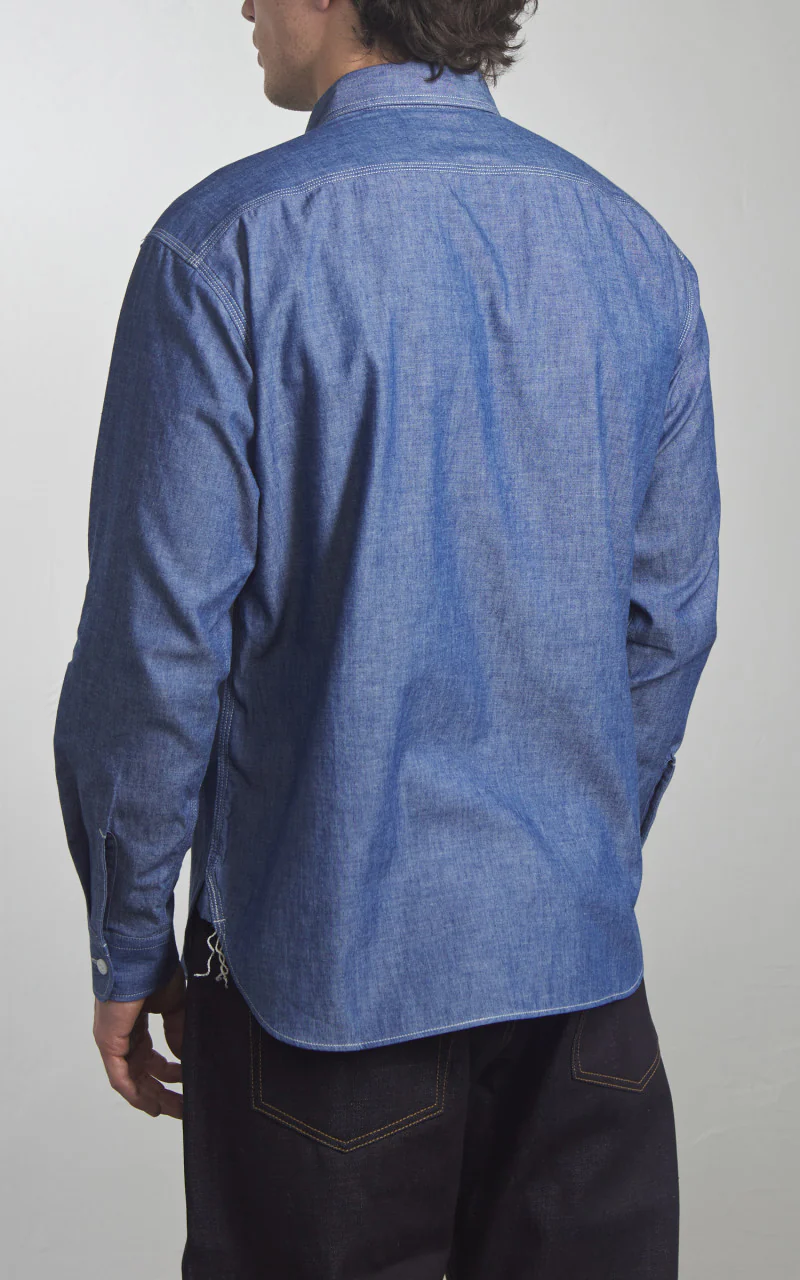 MOMOTARO JEANS MALS1001 Triple Stitch L/S Chambray Shirt Indigo 5oz - Image 7