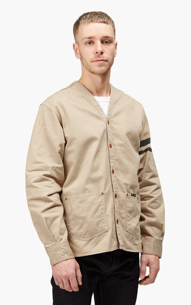 Momotaro Jeans MLS1050M23 Military Herringbone Work Cardigan Beige - Image 6