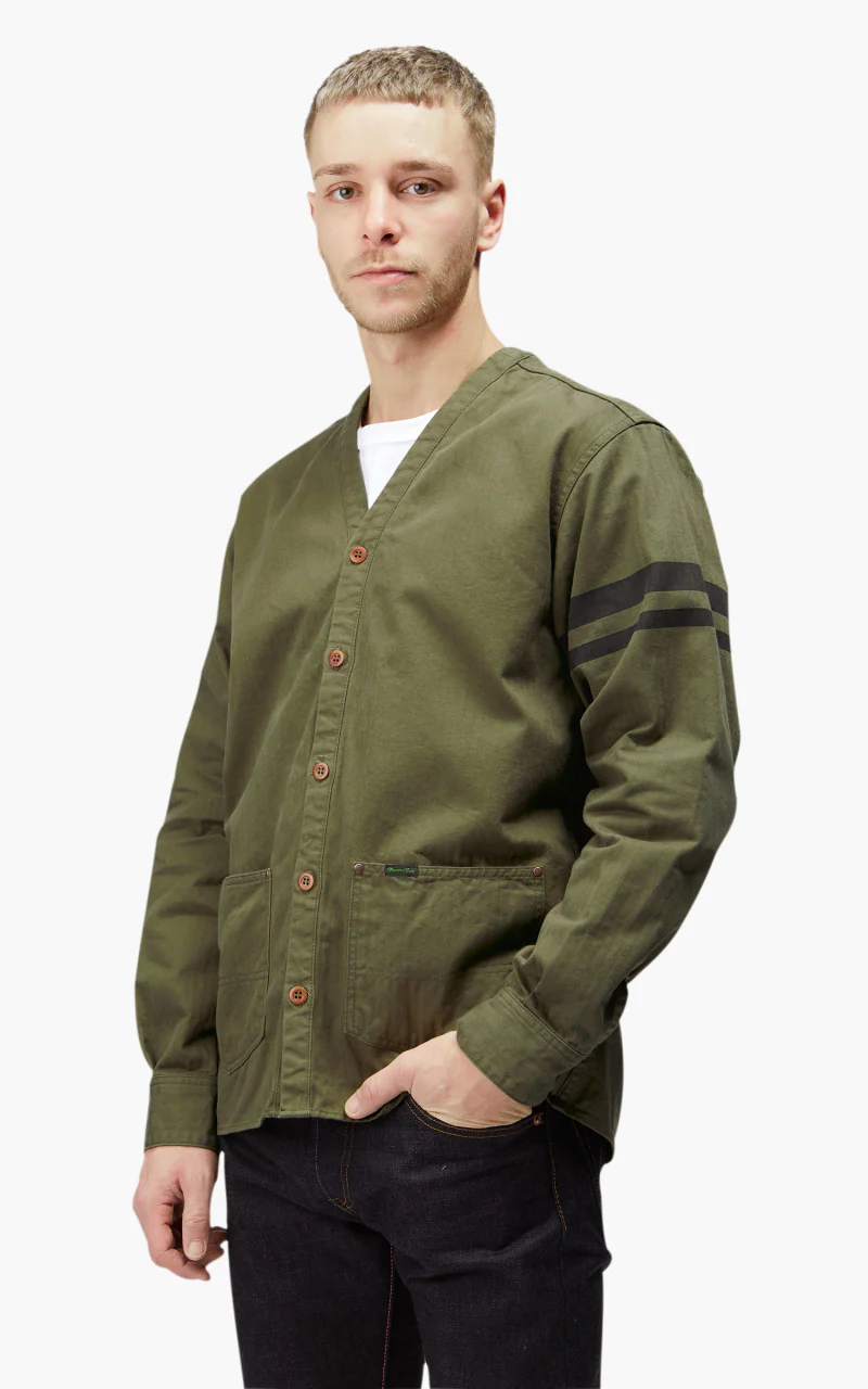 Momotaro Jeans MLS1050M23 Military Herringbone Work Cardigan Olive Drab - Image 3
