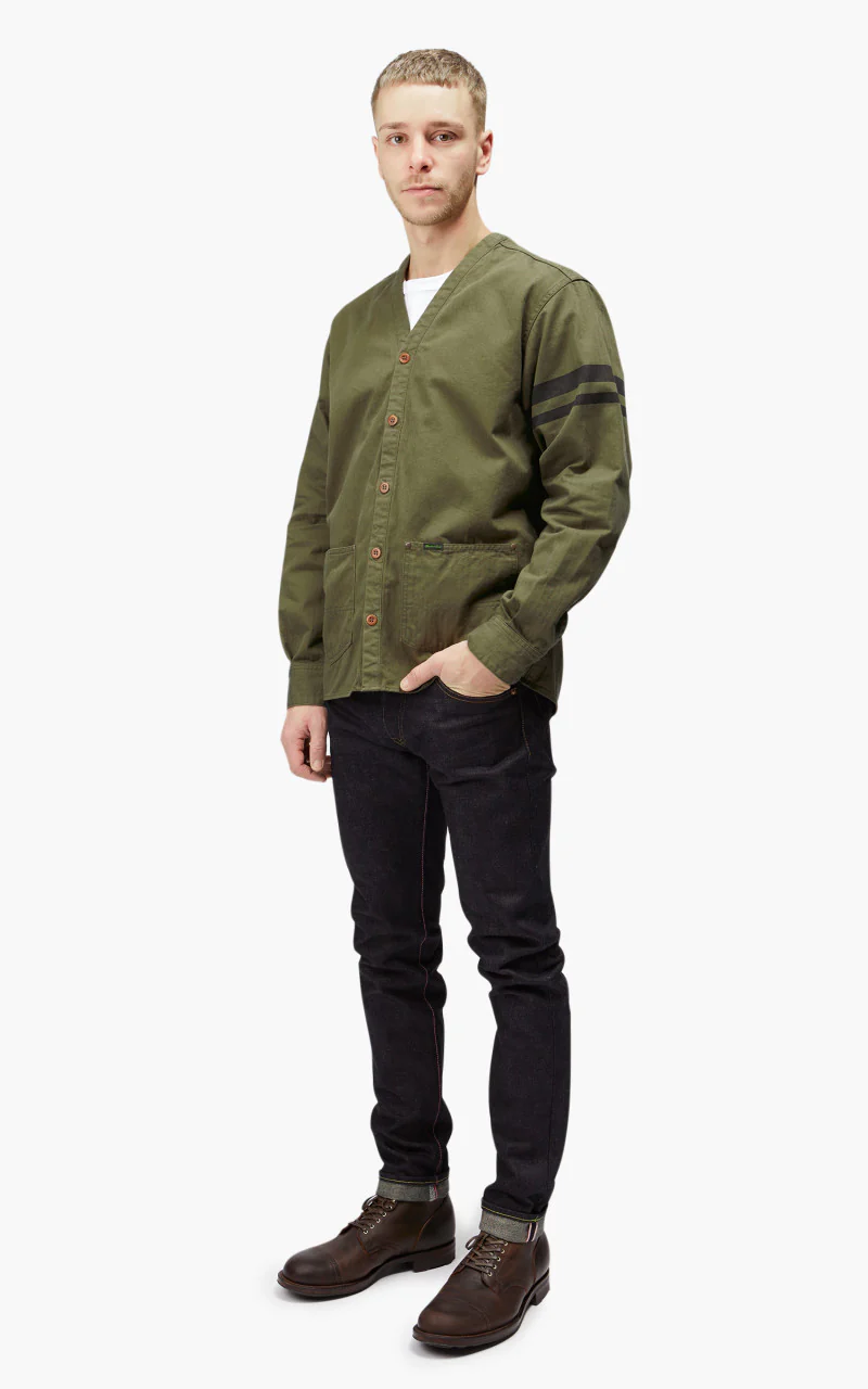 Momotaro Jeans MLS1050M23 Military Herringbone Work Cardigan Olive Drab - Image 5