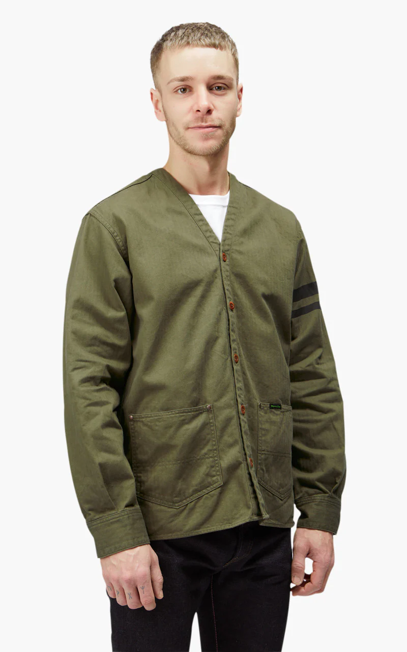 Momotaro Jeans MLS1050M23 Military Herringbone Work Cardigan Olive Drab - Image 6
