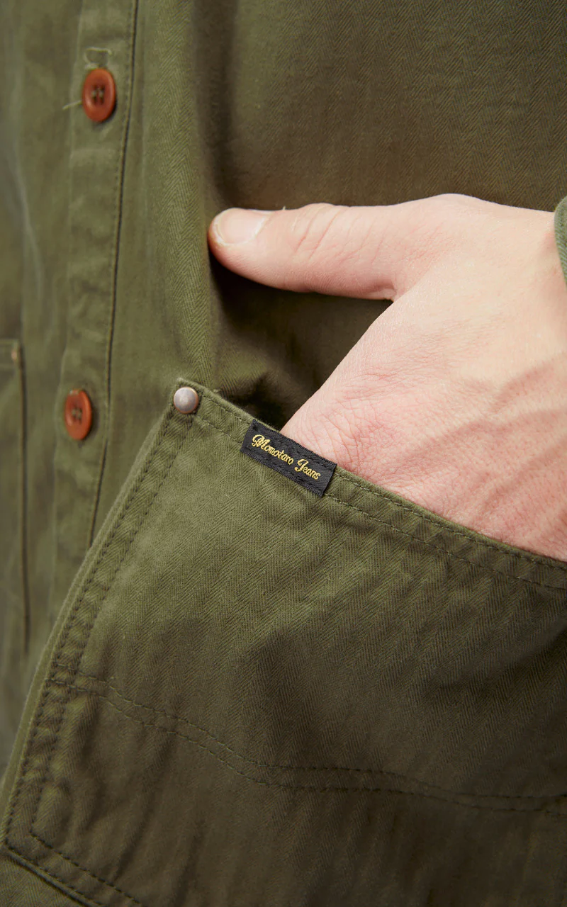 Momotaro Jeans MLS1050M23 Military Herringbone Work Cardigan Olive Drab - Image 9