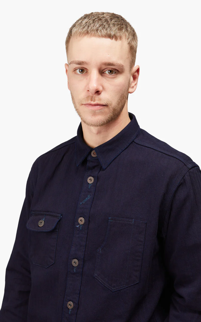 Momotaro Jeans MLS1060M23 Herringbone Work Shirt Indigo - Image 10