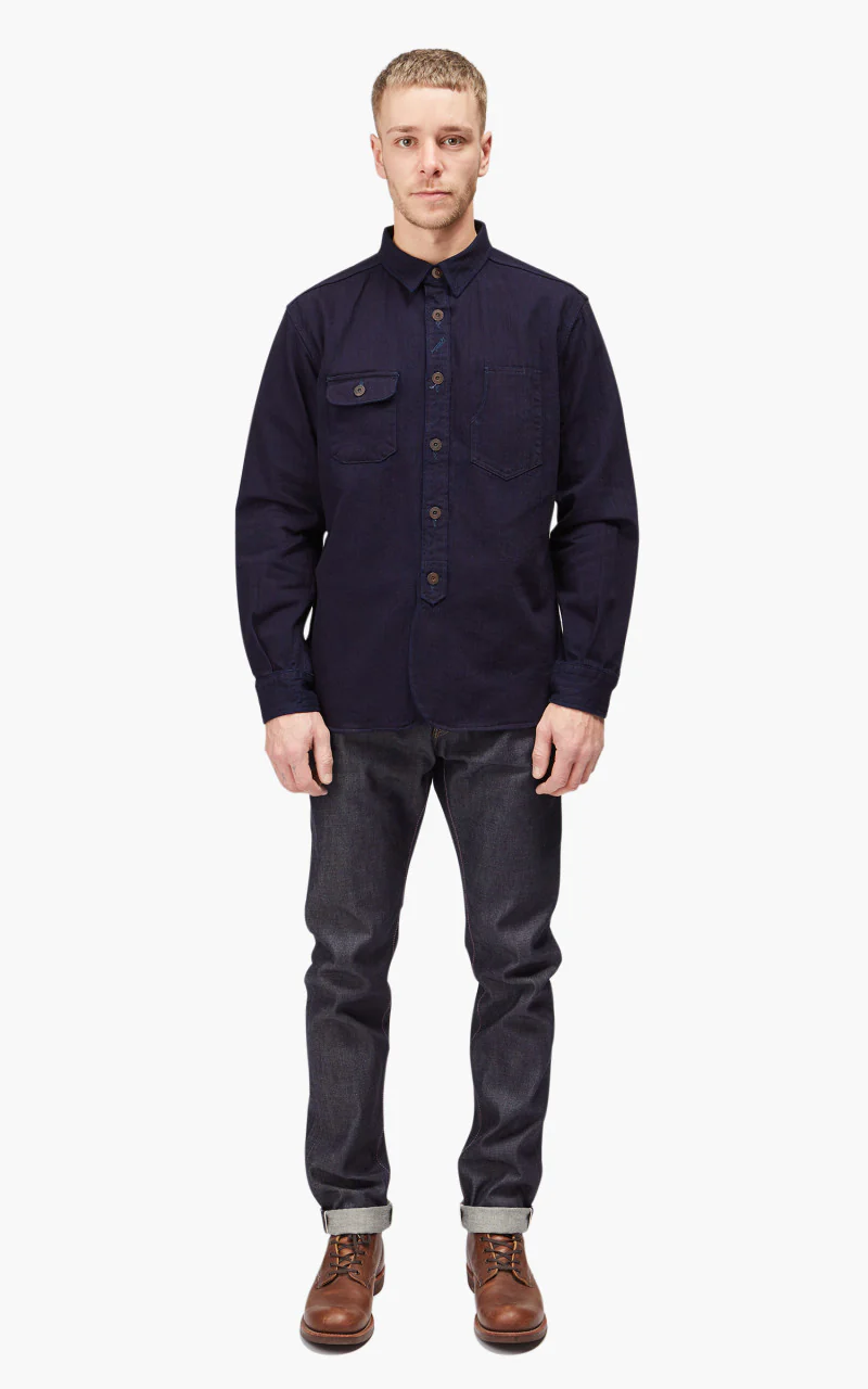 Momotaro Jeans MLS1060M23 Herringbone Work Shirt Indigo - Image 2