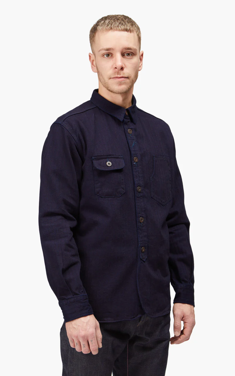 Momotaro Jeans MLS1060M23 Herringbone Work Shirt Indigo - Image 6