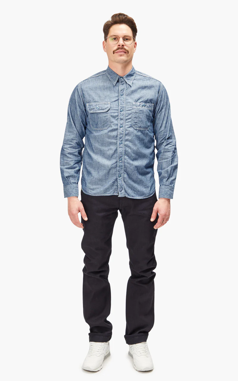 Momotaro Jeans MS044 5oz Chambray Work Shirt Indigo - Image 2