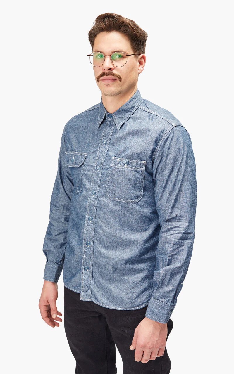 Momotaro Jeans MS044 5oz Chambray Work Shirt Indigo - Image 3