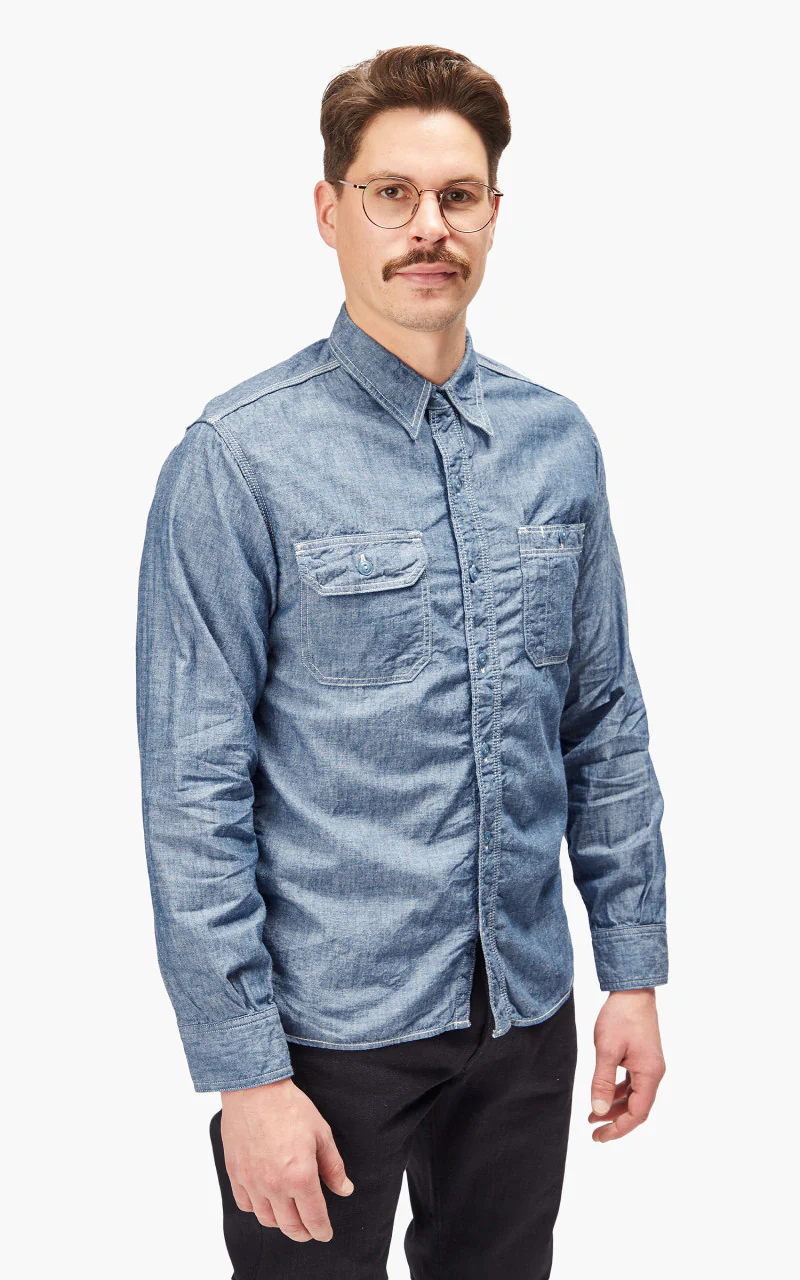 Momotaro Jeans MS044 5oz Chambray Work Shirt Indigo - Image 4
