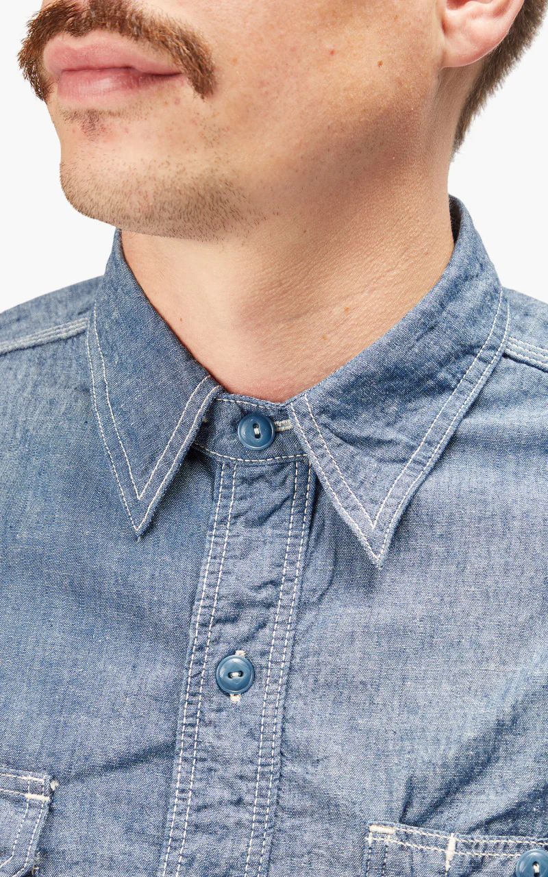 Momotaro Jeans MS044 5oz Chambray Work Shirt Indigo - Image 8