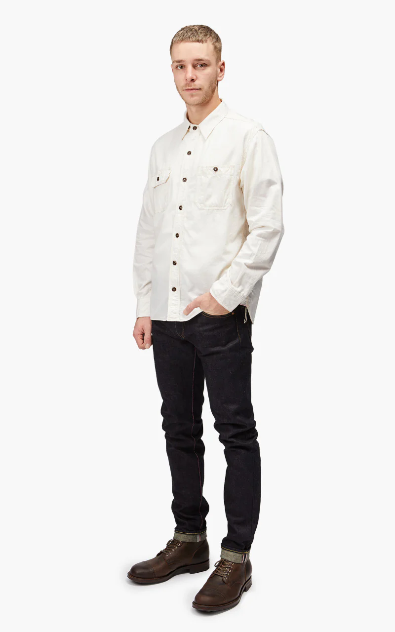 Momotaro Jeans MS044 5oz Chambray Work Shirt Natural - Image 8